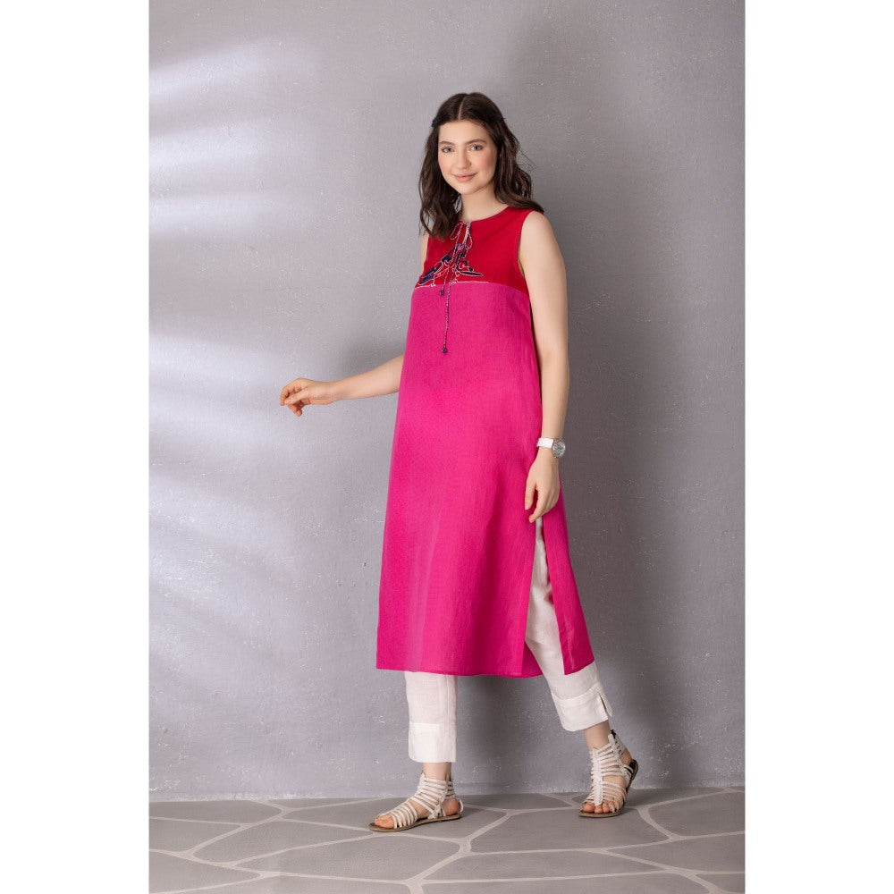 Tanu Malhotra Pink Cotton Linen Embroidered Kurta with Pant (Set of 2)