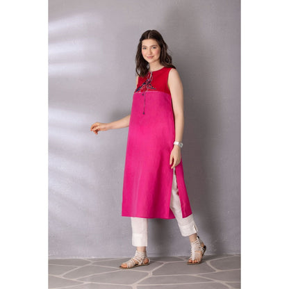Tanu Malhotra Pink Cotton Linen Embroidered Kurta with Pant (Set of 2)