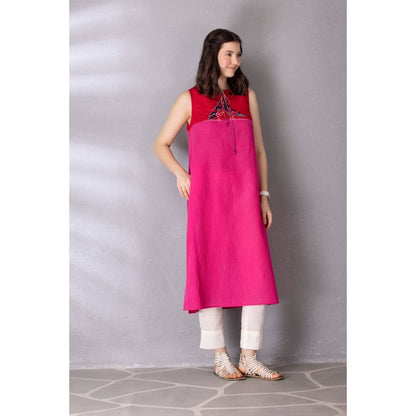 Tanu Malhotra Pink Cotton Linen Embroidered Kurta with Pant (Set of 2)