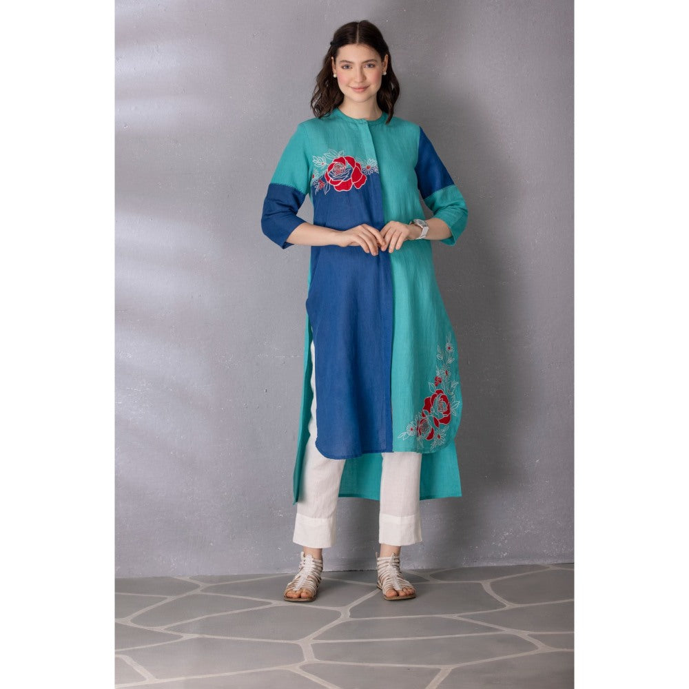 Tanu Malhotra Blue Cotton Linen Embroidered High-Low Kurta with Pant (Set of 2)