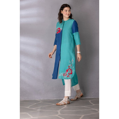 Tanu Malhotra Blue Cotton Linen Embroidered High-Low Kurta with Pant (Set of 2)