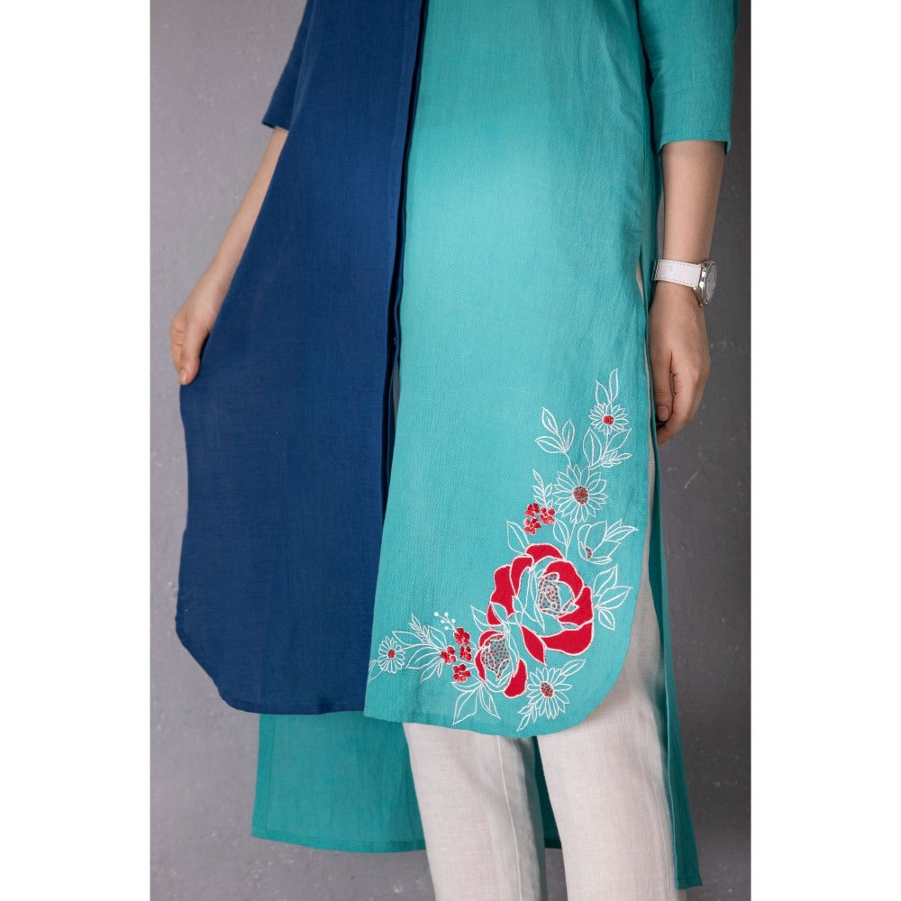 Tanu Malhotra Blue Cotton Linen Embroidered High-Low Kurta with Pant (Set of 2)
