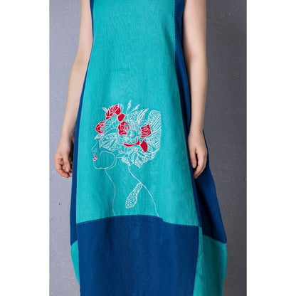 Tanu Malhotra Blue Cotton Linen Embroidered Dress