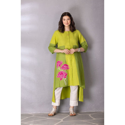 Tanu Malhotra Lime Green Cotton Linen Embroidered High-Low Kurta with Pant (Set of 2)