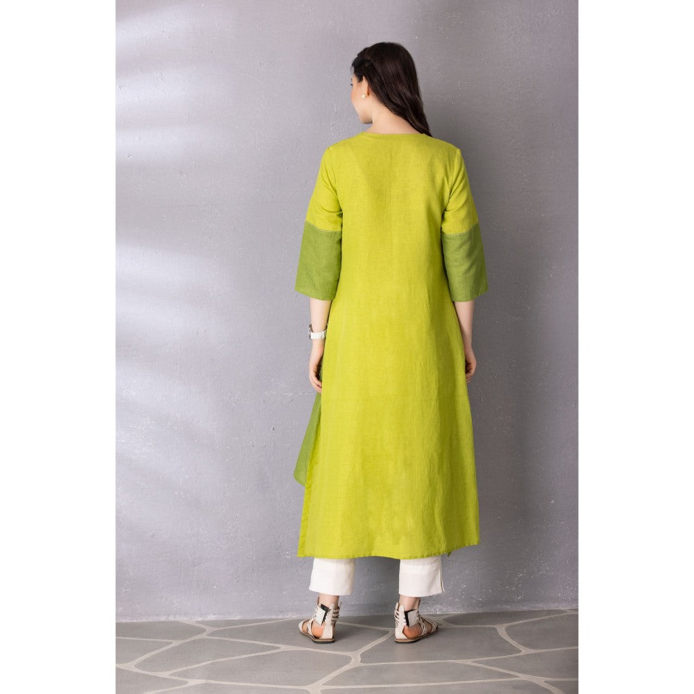 Tanu Malhotra Lime Green Cotton Linen Embroidered High-Low Kurta with Pant (Set of 2)