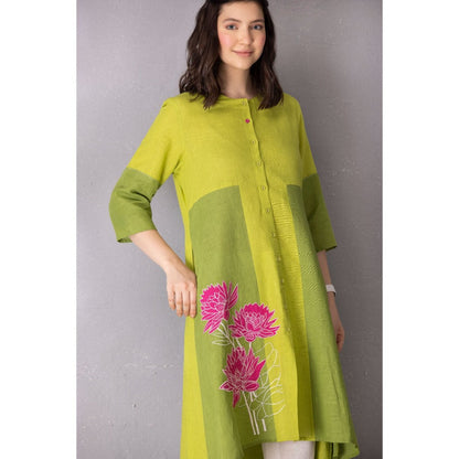Tanu Malhotra Lime Green Cotton Linen Embroidered High-Low Kurta with Pant (Set of 2)