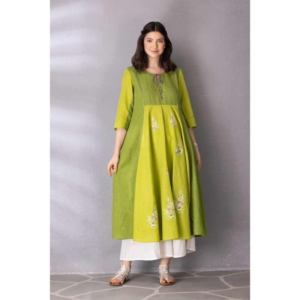 Tanu Malhotra Lime Green Cotton Linen Embroidered Kurta with Palazzo (Set of 2)