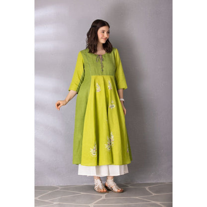Tanu Malhotra Lime Green Cotton Linen Embroidered Kurta with Palazzo (Set of 2)
