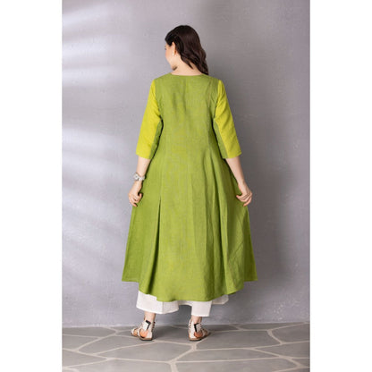 Tanu Malhotra Lime Green Cotton Linen Embroidered Kurta with Palazzo (Set of 2)