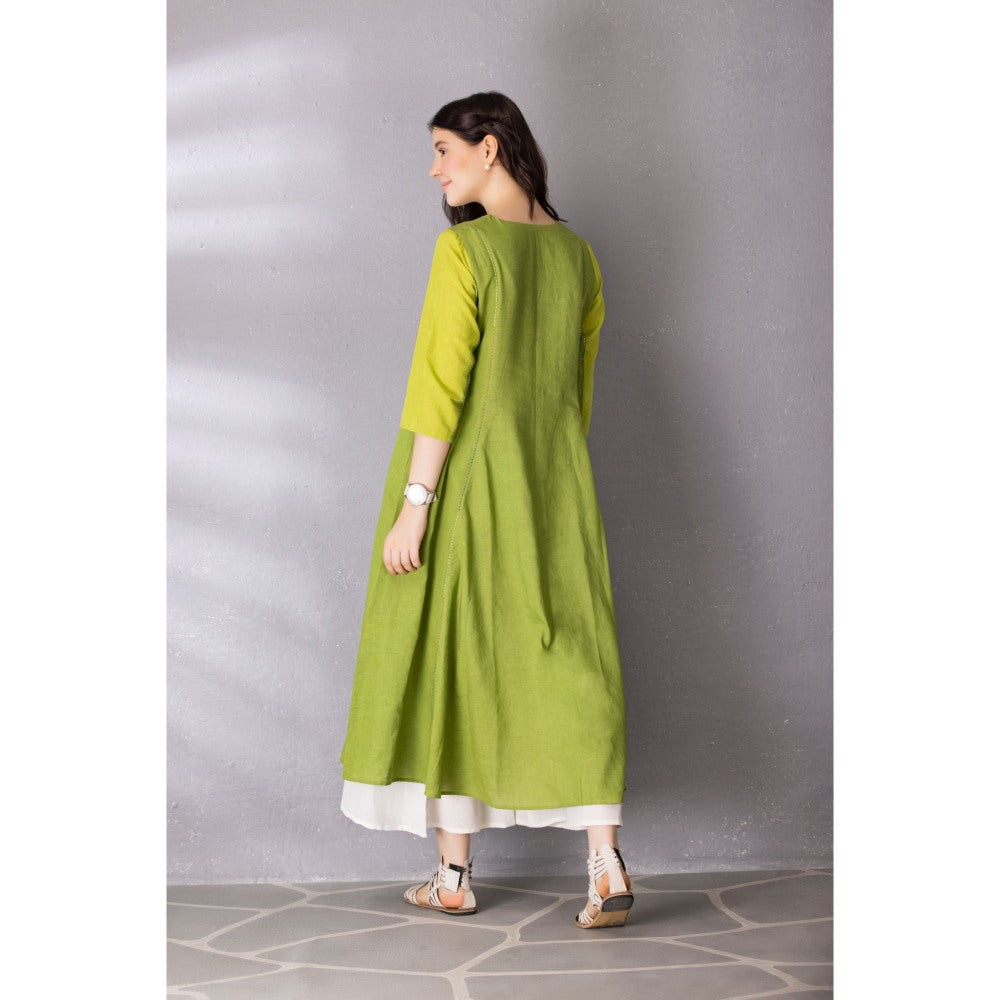 Tanu Malhotra Lime Green Cotton Linen Embroidered Kurta with Palazzo (Set of 2)