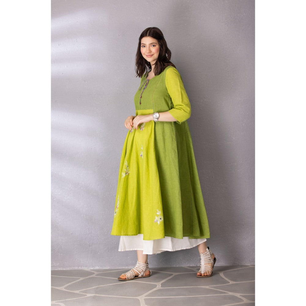 Tanu Malhotra Lime Green Cotton Linen Embroidered Kurta with Palazzo (Set of 2)