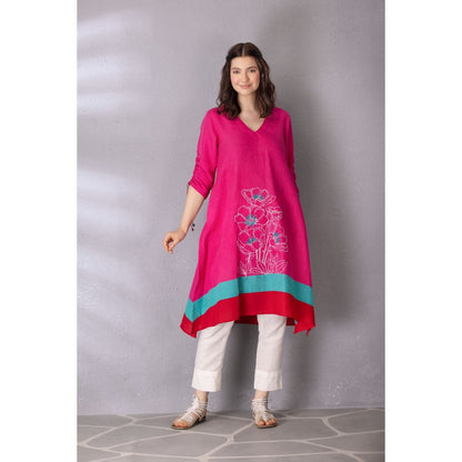 Tanu Malhotra Pink Bubble Gum Cotton Linen Embroidered A-Line Kurta with Pant (Set of 2)