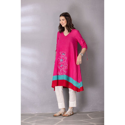 Tanu Malhotra Pink Bubble Gum Cotton Linen Embroidered A-Line Kurta with Pant (Set of 2)