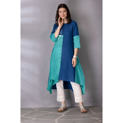 Tanu Malhotra Blue Cotton Linen Embroidered Kurta with Pant (Set of 2)