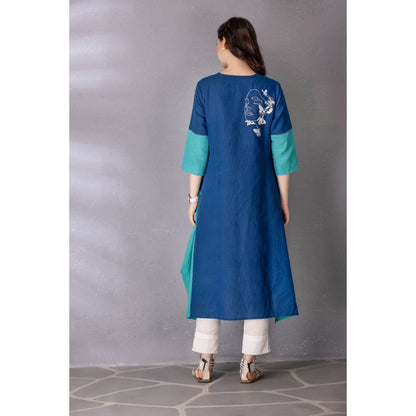 Tanu Malhotra Blue Cotton Linen Embroidered Kurta with Pant (Set of 2)