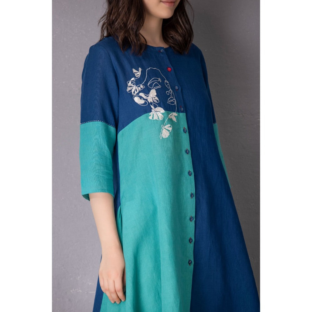 Tanu Malhotra Blue Cotton Linen Embroidered Kurta with Pant (Set of 2)