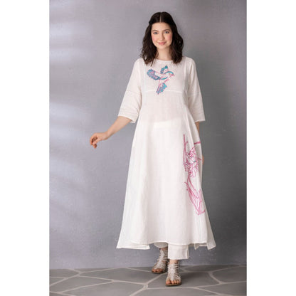 Tanu Malhotra White Cotton Linen Embroidered A-Line Kurta with Pant (Set of 2)