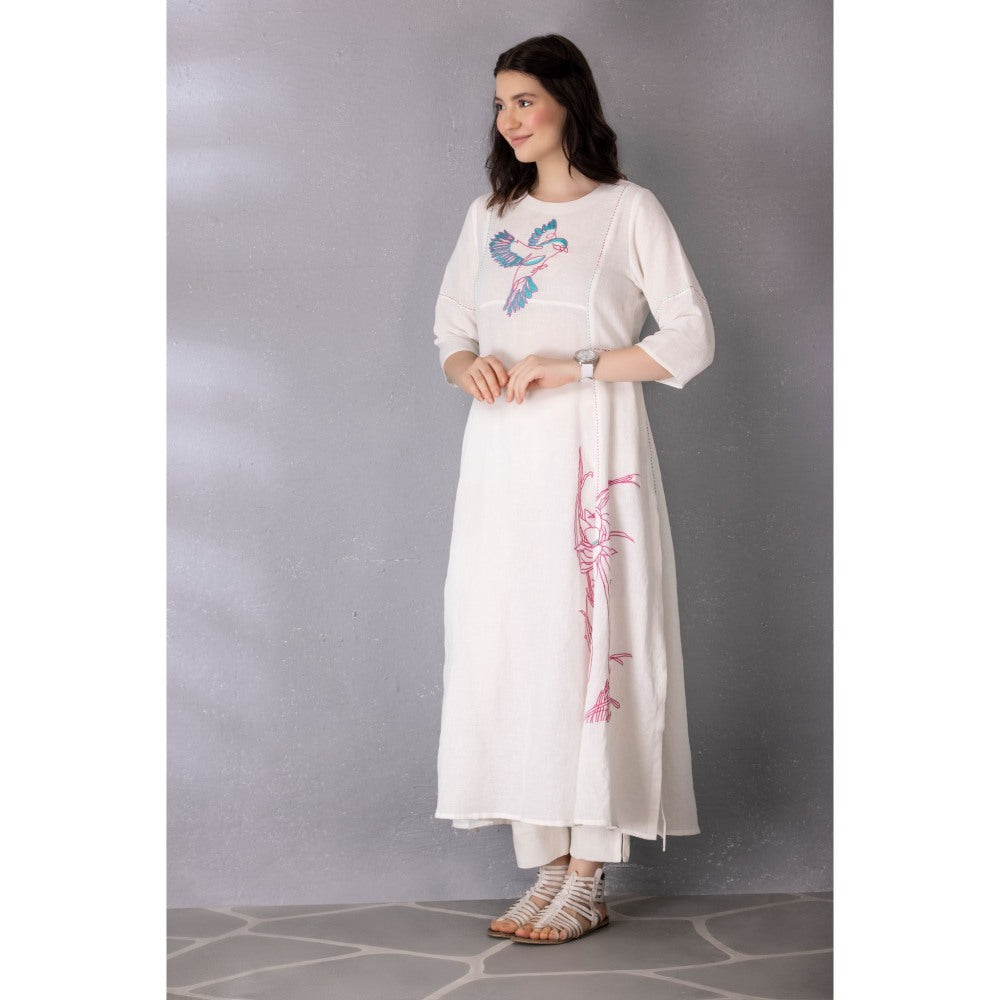 Tanu Malhotra White Cotton Linen Embroidered A-Line Kurta with Pant (Set of 2)