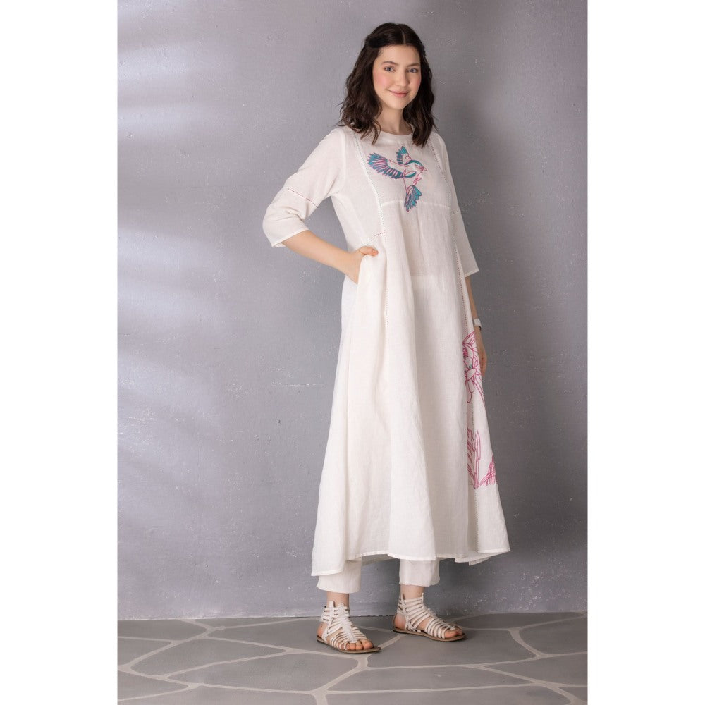 Tanu Malhotra White Cotton Linen Embroidered A-Line Kurta with Pant (Set of 2)