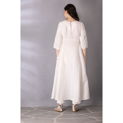 Tanu Malhotra White Cotton Linen Embroidered A-Line Kurta with Pant (Set of 2)