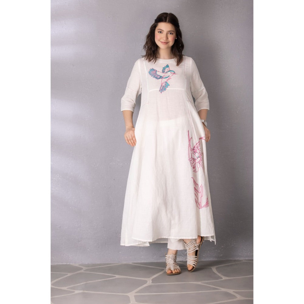 Tanu Malhotra White Cotton Linen Embroidered A-Line Kurta with Pant (Set of 2)