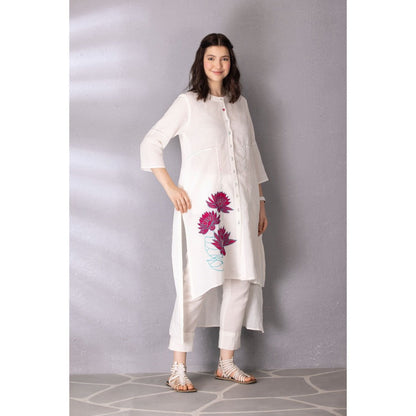 Tanu Malhotra White Cotton Linen Embroidered High-Low Kurta with Pant (Set of 2)