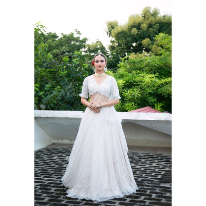 Tanu Malhotra Ivory Net Embroidered Flowy Lehenga with Blouse and Dupatta (Set of 3)