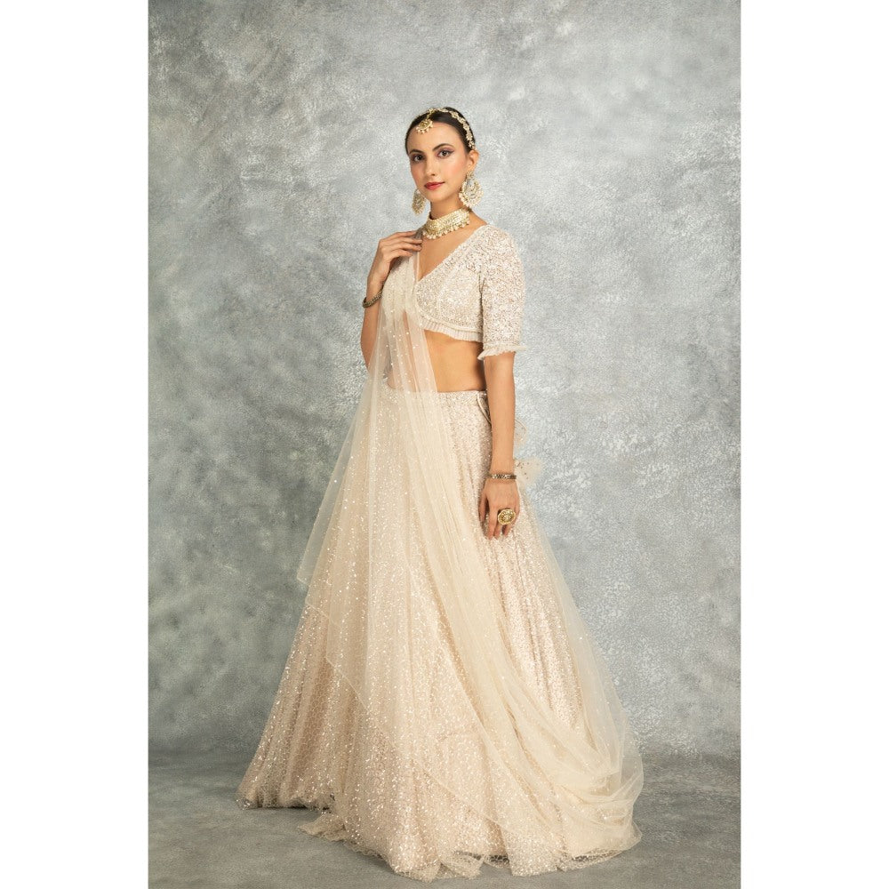 Tanu Malhotra Ivory Net Embroidered Flowy Lehenga with Blouse and Dupatta (Set of 3)