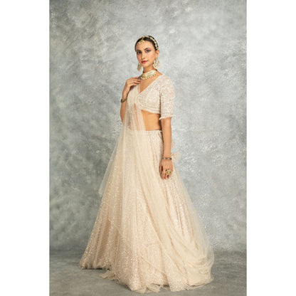 Tanu Malhotra Ivory Net Embroidered Flowy Lehenga with Blouse and Dupatta (Set of 3)