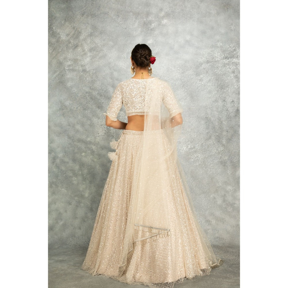 Tanu Malhotra Ivory Net Embroidered Flowy Lehenga with Blouse and Dupatta (Set of 3)