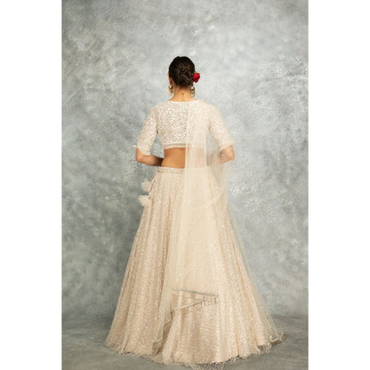 Tanu Malhotra Ivory Net Embroidered Flowy Lehenga with Blouse and Dupatta (Set of 3)