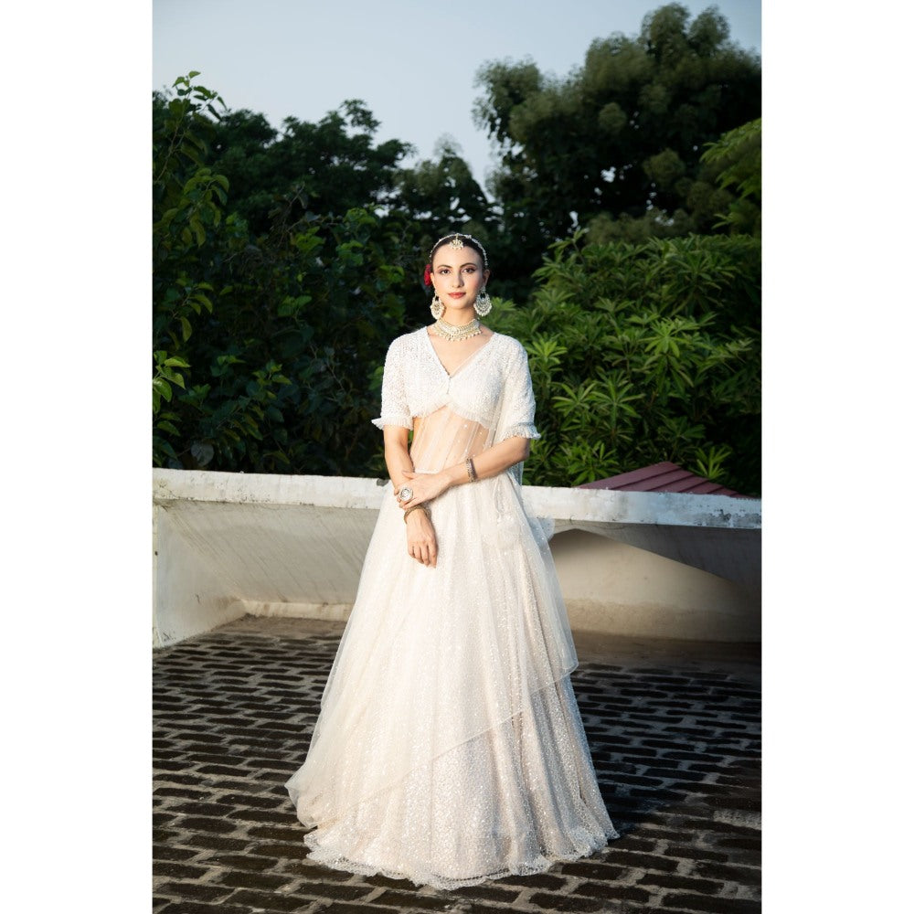 Tanu Malhotra Ivory Net Embroidered Flowy Lehenga with Blouse and Dupatta (Set of 3)