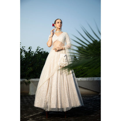 Tanu Malhotra Ivory Net Embroidered Flowy Lehenga with Blouse and Dupatta (Set of 3)