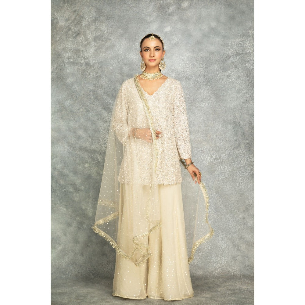 Tanu Malhotra Ivory Organza Embroidered Palazzo with Top and Dupatta (Set of 3)