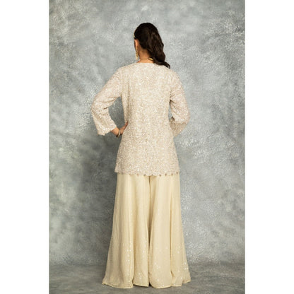 Tanu Malhotra Ivory Organza Embroidered Palazzo with Top and Dupatta (Set of 3)