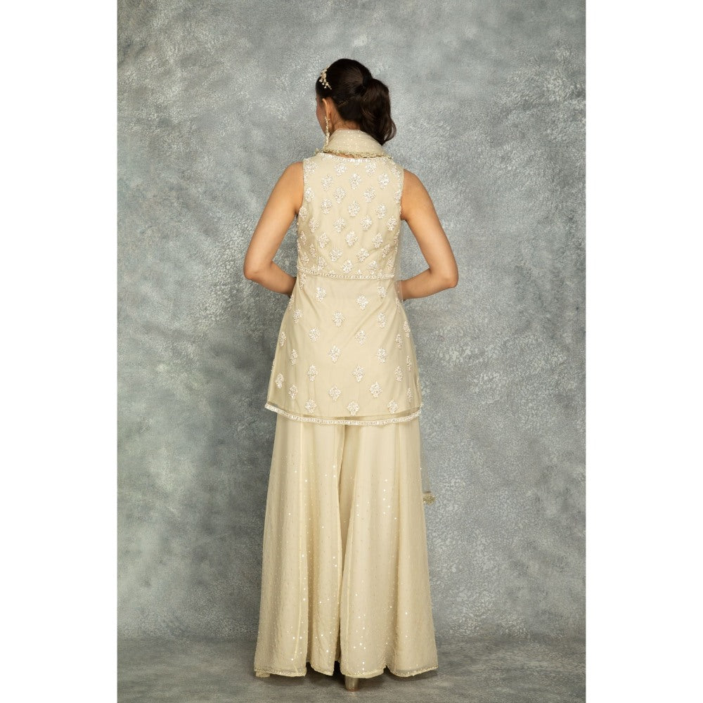 Tanu Malhotra Beige Organza Embroidered Sharara with Peplum Top and Dupatta (Set of 3)