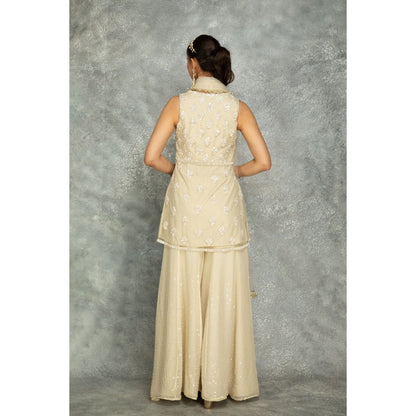 Tanu Malhotra Beige Organza Embroidered Sharara with Peplum Top and Dupatta (Set of 3)