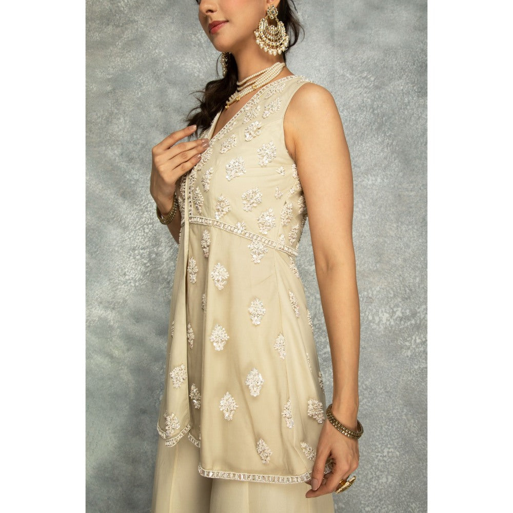 Tanu Malhotra Beige Organza Embroidered Sharara with Peplum Top and Dupatta (Set of 3)