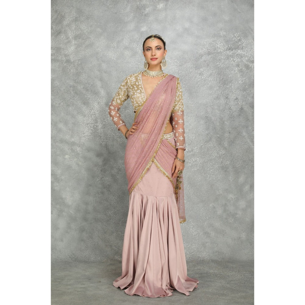 Tanu Malhotra Pink Net & Chiffon Draped Fish-Cut Skirt Saree with Stitched Blouse