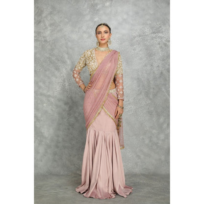 Tanu Malhotra Pink Net & Chiffon Draped Fish-Cut Skirt Saree with Stitched Blouse