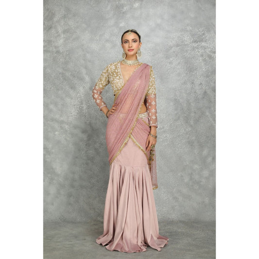 Tanu Malhotra Pink Net & Chiffon Draped Fish-Cut Skirt Saree with Stitched Blouse