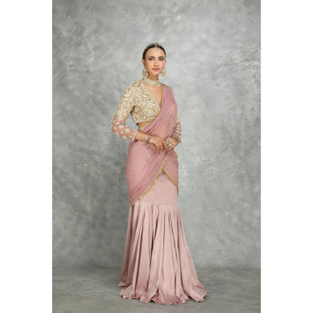 Tanu Malhotra Pink Net & Chiffon Draped Fish-Cut Skirt Saree with Stitched Blouse