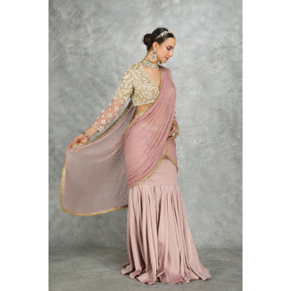 Tanu Malhotra Pink Net & Chiffon Draped Fish-Cut Skirt Saree with Stitched Blouse