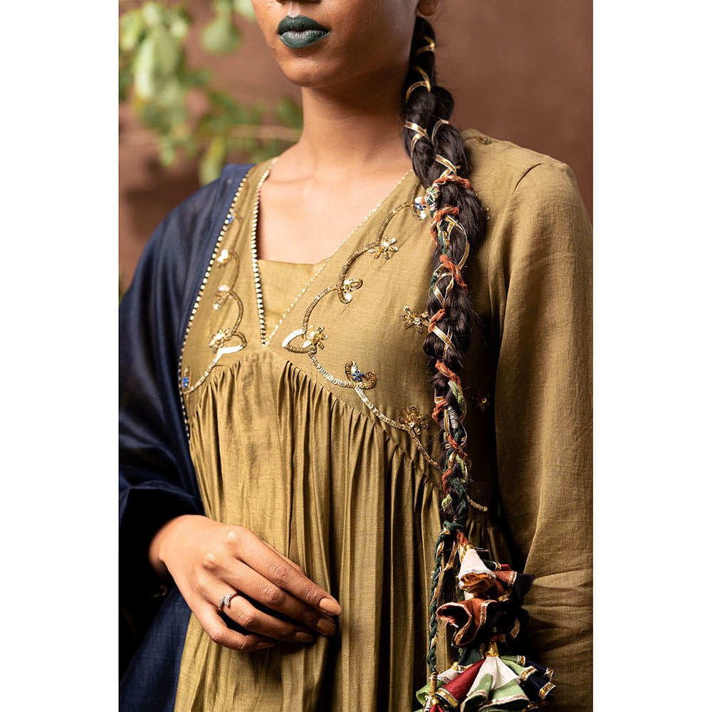 Taraasi Olive Haseena Embellished Anarkali Kurta with Pant & Dupatta (Set of 4)