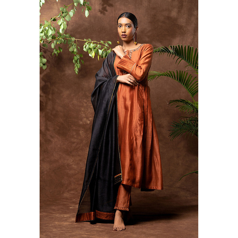 Taraasi Rust Nawabi Embellished Anarkali Kurta with Pant & Dupatta (Set of 3)