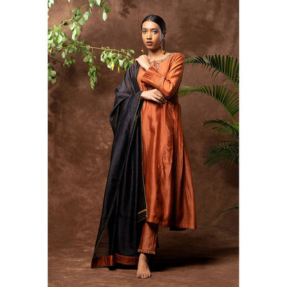 Taraasi Rust Nawabi Embellished Anarkali Kurta with Pant & Dupatta (Set of 3)