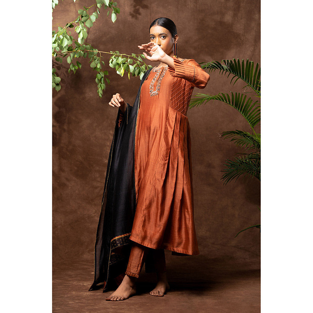 Taraasi Rust Nawabi Embellished Anarkali Kurta with Pant & Dupatta (Set of 3)