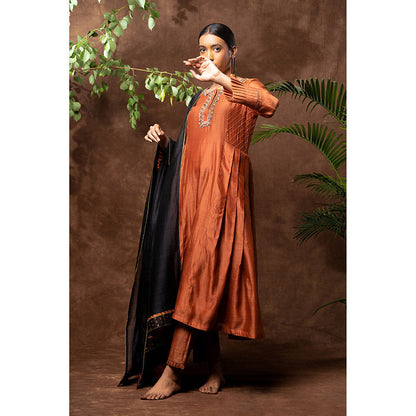 Taraasi Rust Nawabi Embellished Anarkali Kurta with Pant & Dupatta (Set of 3)
