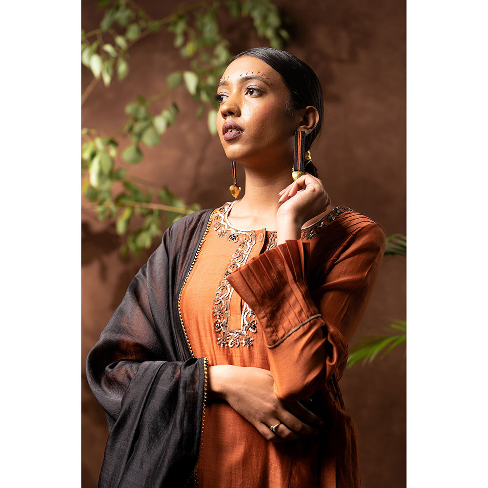 Taraasi Rust Nawabi Embellished Anarkali Kurta with Pant & Dupatta (Set of 3)