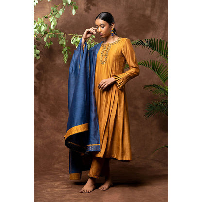Taraasi Mustard Nawabi Embellished Anarkali Kurta with Pant & Dupatta (Set of 3)